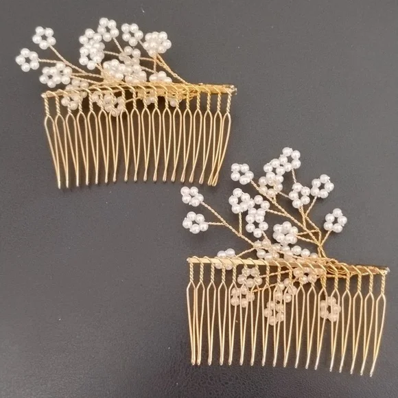 Set Of 2 Elegant Goldtone and White Faux Pearl Hair Combs - Picture 2 of 3